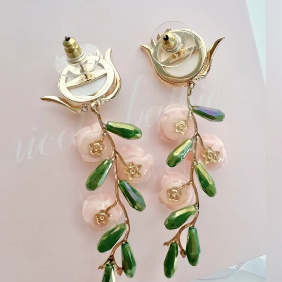 Nicola Bathie Embellished Pearly Pink Floral Drop Earrings - Picture 5 of 6